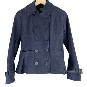 June Size Medium Jacket Faded Black Button Front Leather Trims Lined Pockets
